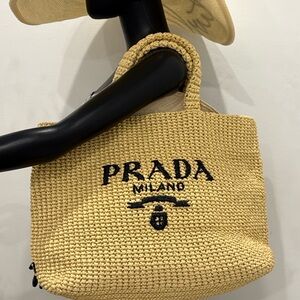 Prada Milano Raffia Tote Bag Large Logo Beige Black – Full Set NEW